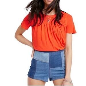 Free People Women's‎ Linen Blend Smocked Dani Tee T Shirt Top Red Size XS